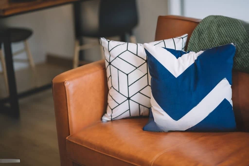 2 cushions on a couch, stock picture, in a living room setting